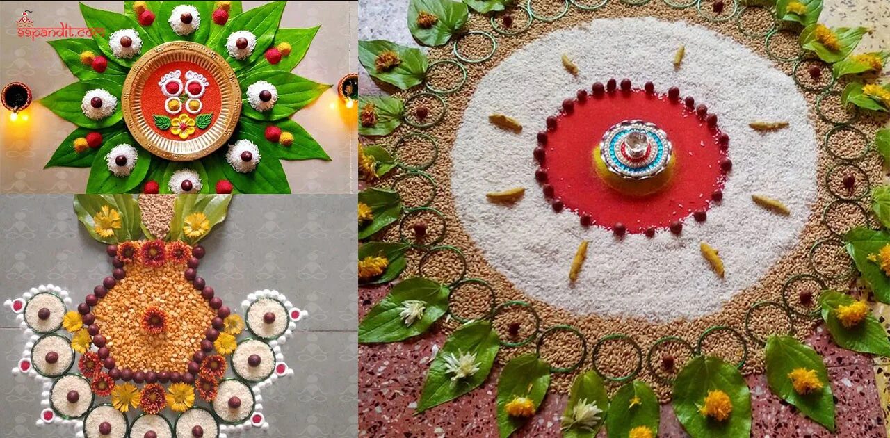 Rangoli made of peepal leaves, bangles, and grains Beautiful Designs of Rangoli for Diwali