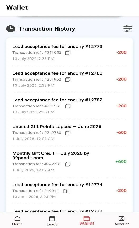 Wallet transaction history